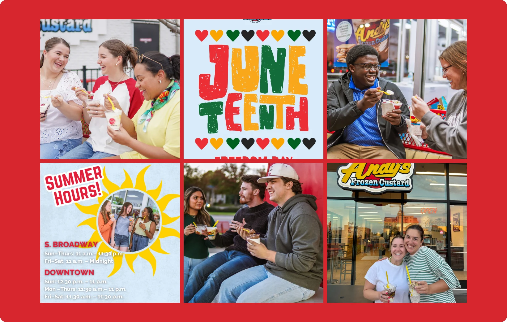 A grid of Andy’s Tyler Instagram posts: lifestyle photos, Juneteenth and Summer Hours graphics