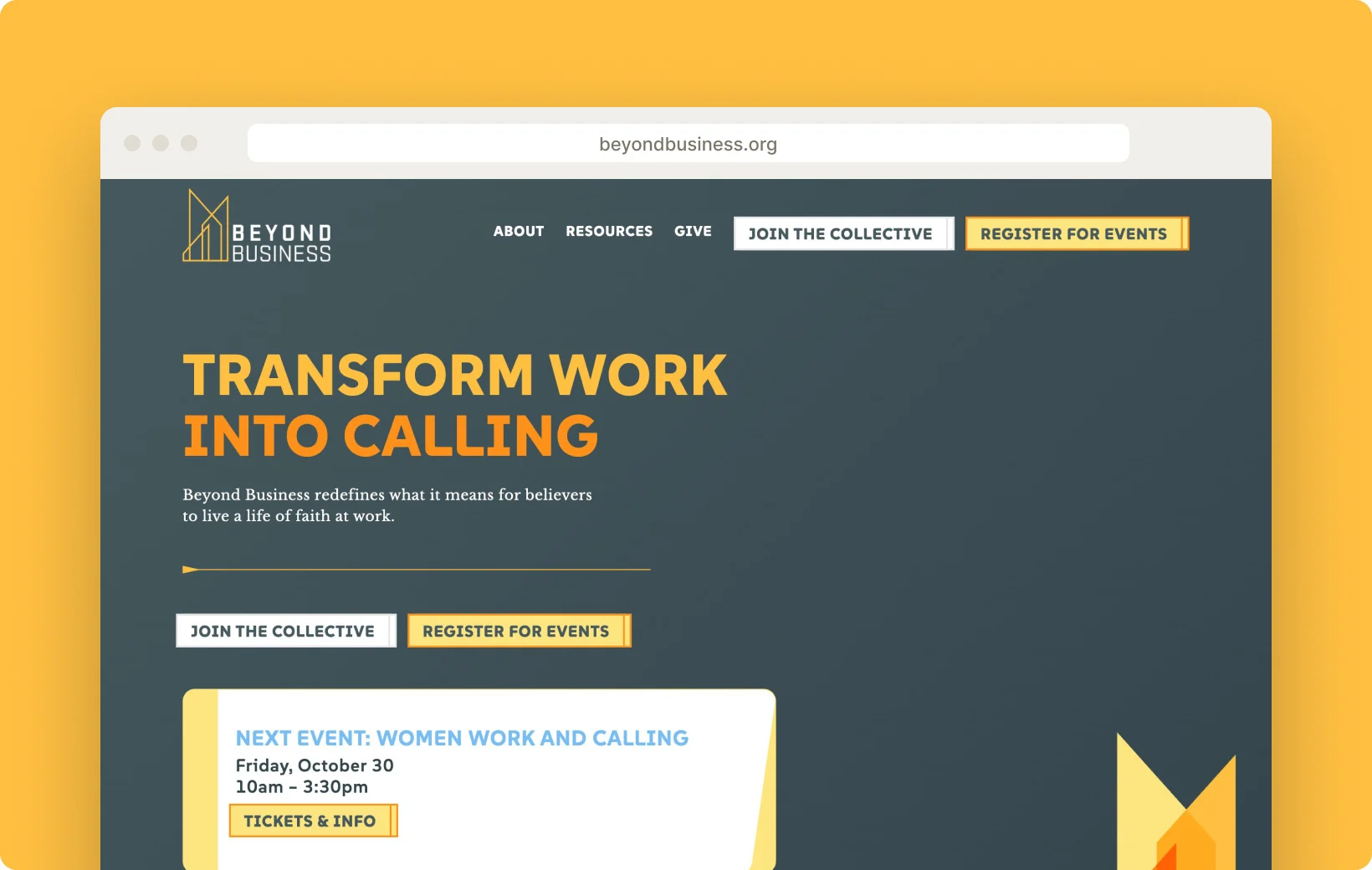 Beyond Business homepage designed by 14Forty, desktop: “Transform work into calling”