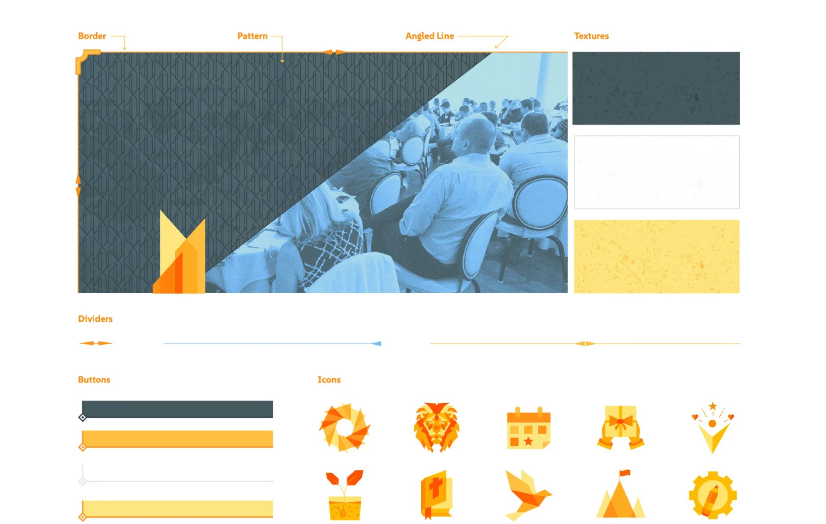 Beyond Business brand elements: border, pattern, angled line, textures, dividers, buttons and icon set