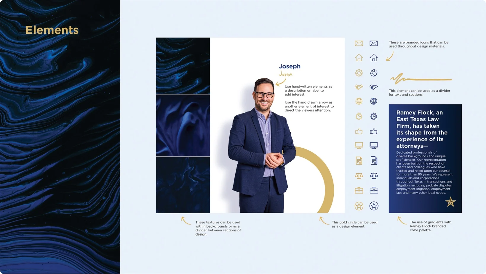Ramey Flock brand guide elements spread: textures, photography, icons, gold accents