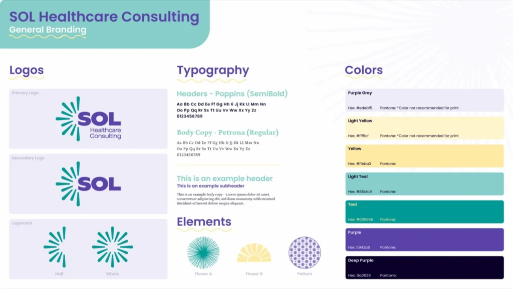 Sol general branding sheet: logos, typography, colors and elements