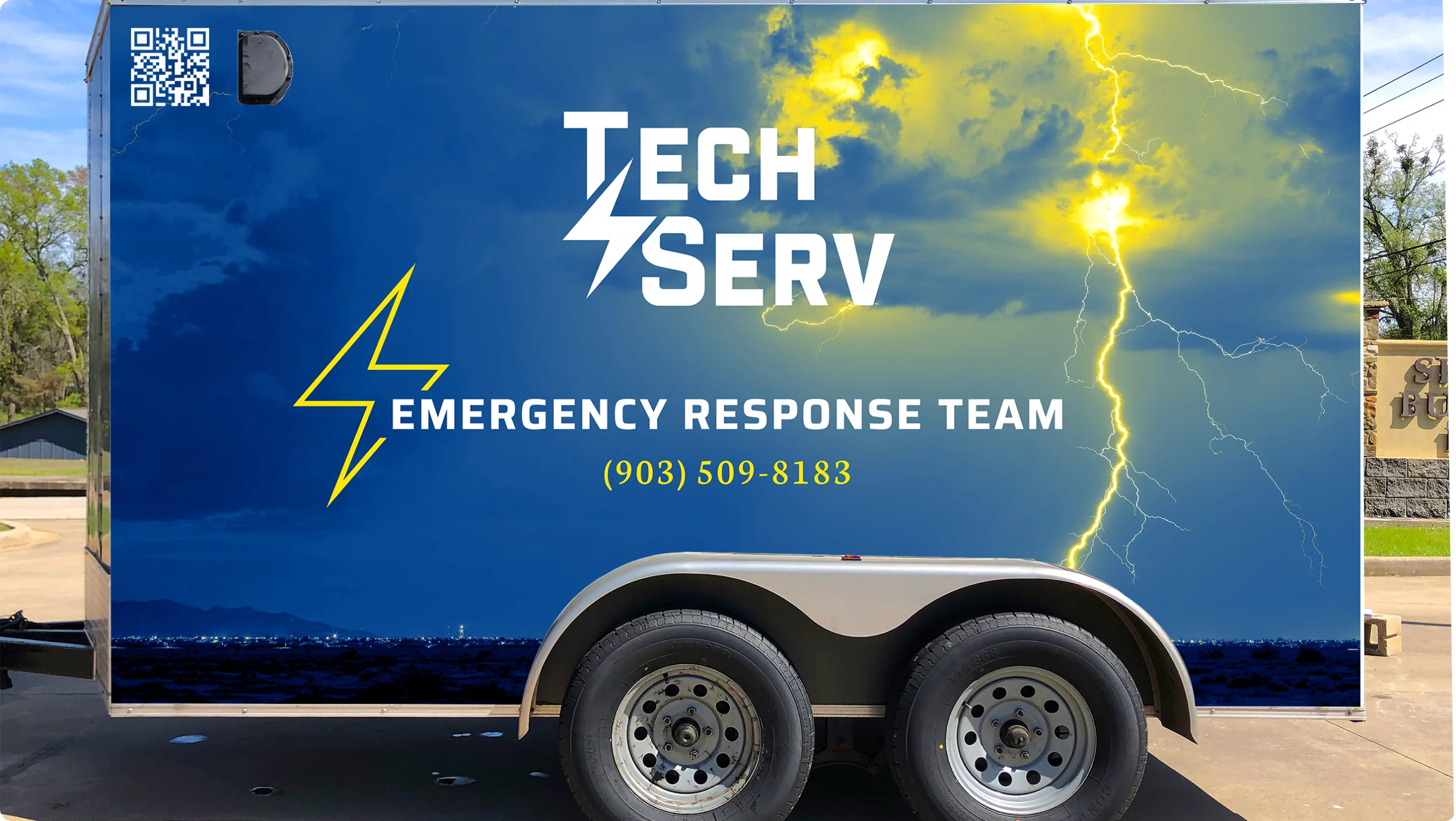 TechServ Emergency Response Team trailer wrapped in a storm and lightning graphic