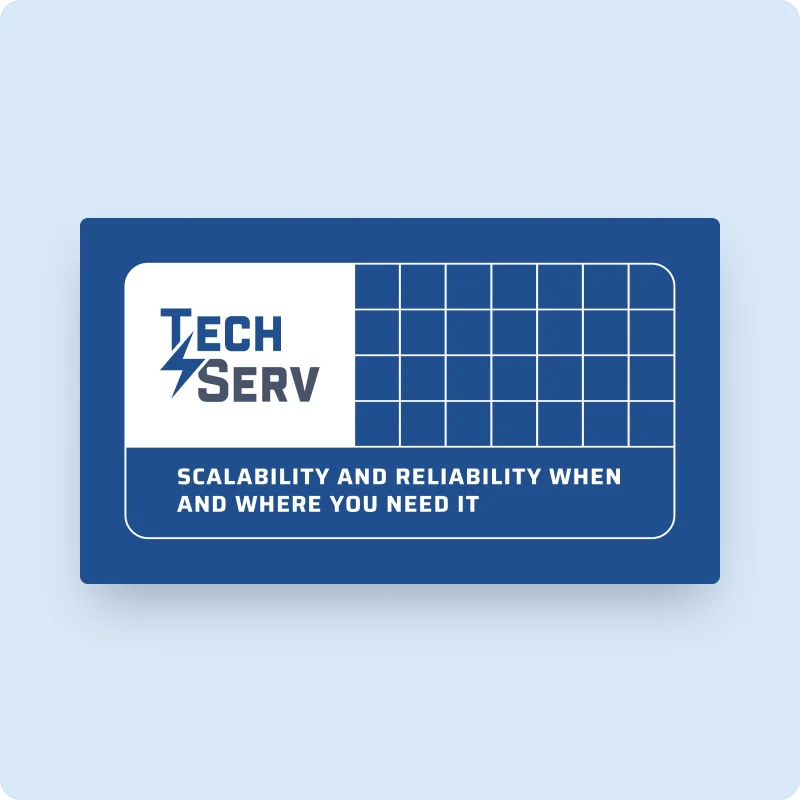 Front of the TechServ business card with the grid pattern and tagline