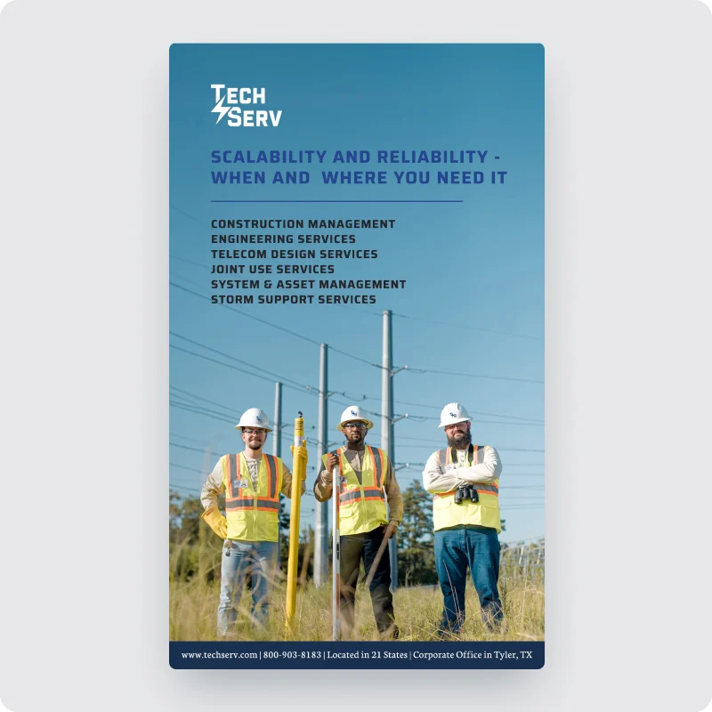 TechServ directory ad: three field technicians under transmission lines