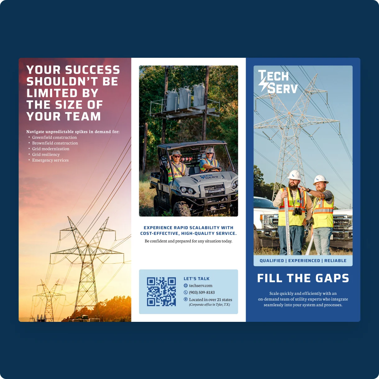 Outside spread of the TechServ trifold brochure